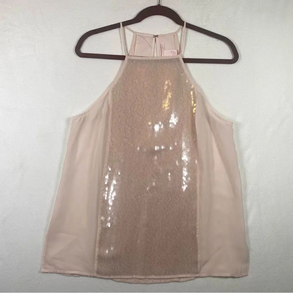 Victoria's Secret Pale Pink Semi Sheer Sequined High Neck Sleeveless Top Size M